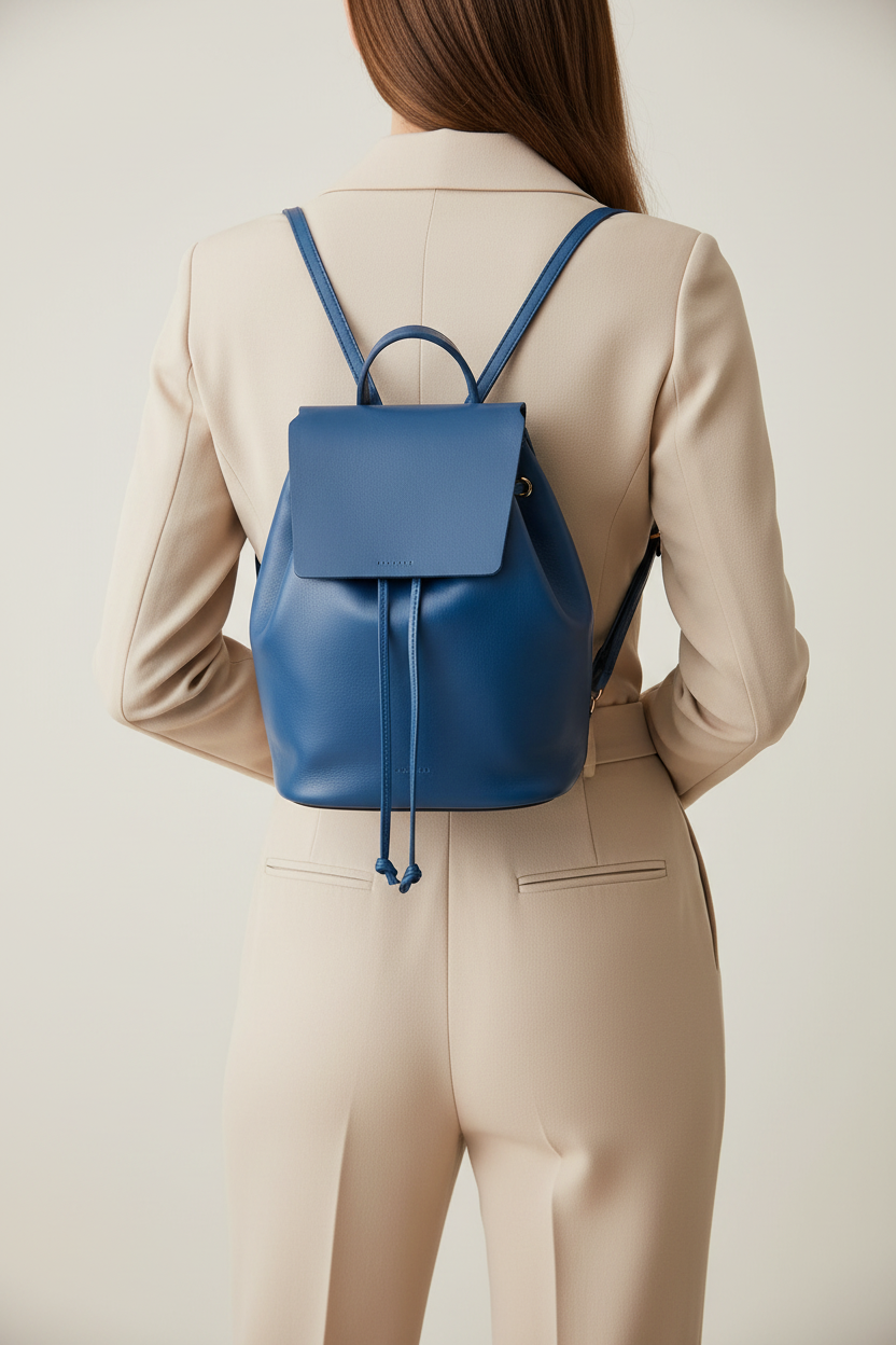 Mini sac à dos cuir bleu IRENE porté sur le dos – Bmassy