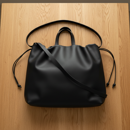 Sac ANGELINES Noir posé sur table en bois, cuir végétal artisanal – Bmassy