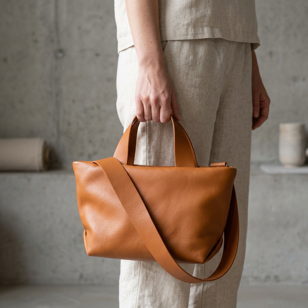 Sac Juanita en cuir orange terre cuite, tenu à la main par ses poignées, Bmassy.