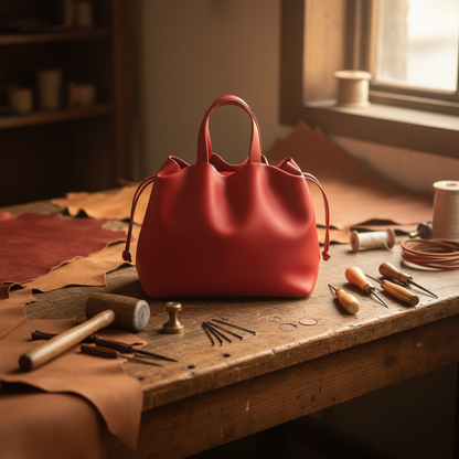 Sac ANGELA Rouge posé en atelier artisanal, cuir végétal tanné – Bmassy