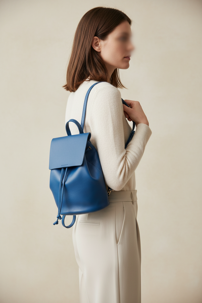 Mini sac à dos cuir bleu IRENE porté à l'épaule – Bmassy