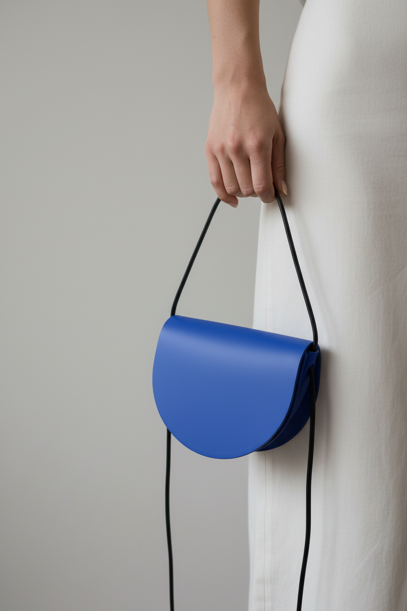 Sac demi-lune bleu tenu à la main – Bmassy