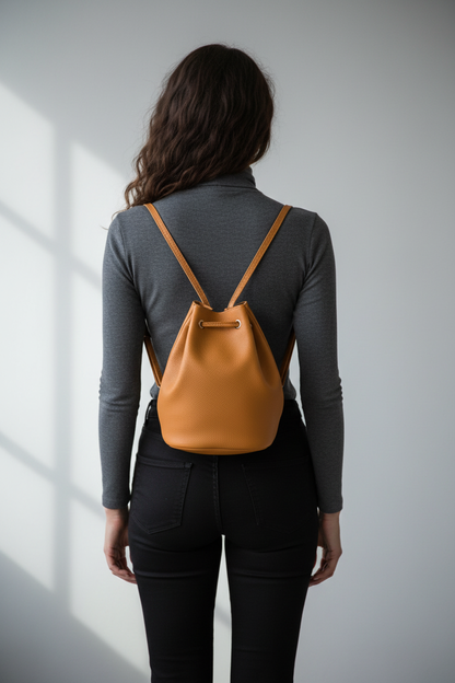 Mini sac à dos cuir orange IRENE porté sur le dos – Bmassy