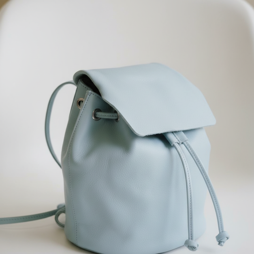Mini sac à dos cuir bleu clair IRENE détail fermeture cordon – Bmassy