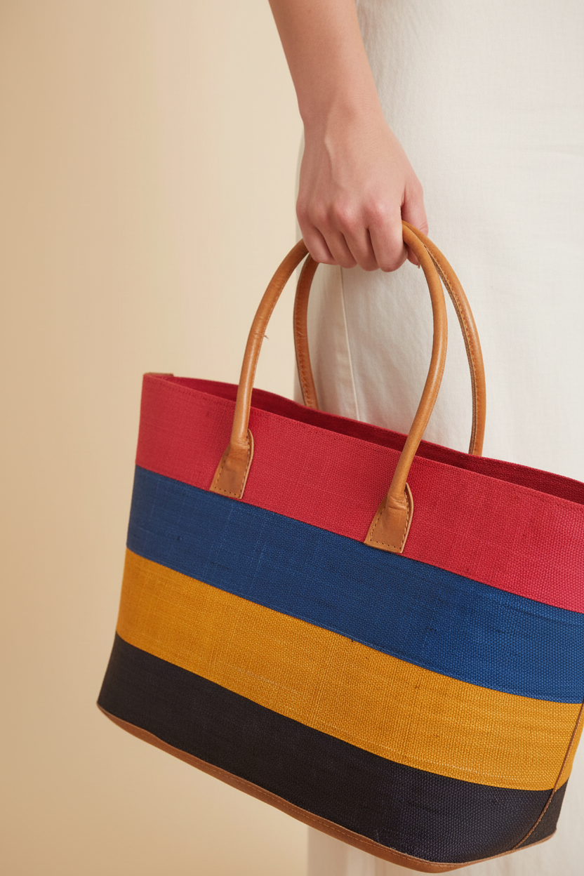 Cabas raphia multicolore rayures tenu à la main – Bmassy