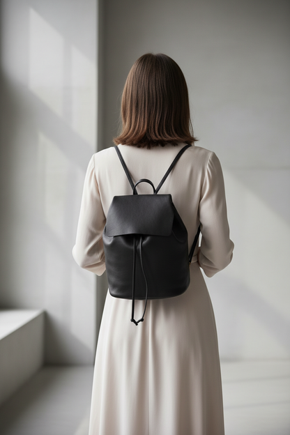 Mini sac à dos cuir noir IRENE porté sur le dos – Bmassy