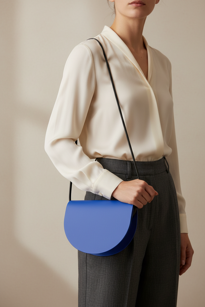 Sac demi-lune bleu porté à l'épaule – Bmassy