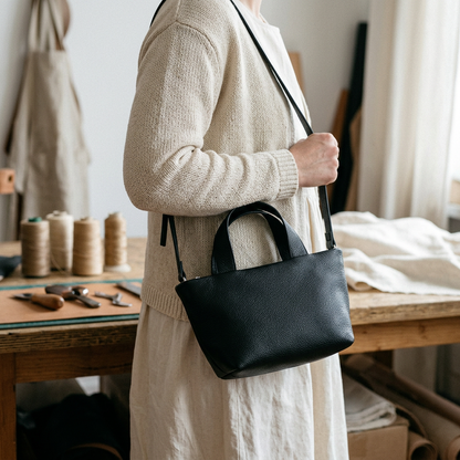 Sac Juanita en cuir noir, porté à l’épaule avec sa bandoulière, Bmassy.