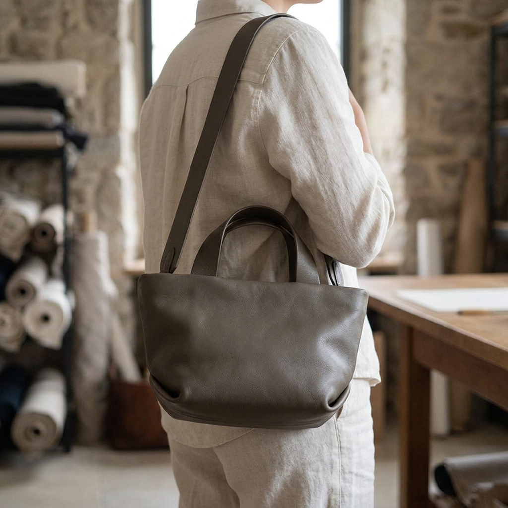 Sac Juanita en cuir gris, porté à l’épaule et vu de trois quarts arrière, Bmassy.