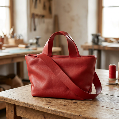 Sac Juanita en cuir rouge, posé sur une table en bois dans un atelier, Bmassy.