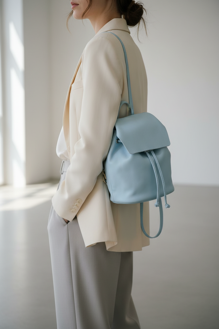 Mini sac à dos cuir bleu clair IRENE porté à l'épaule – Bmassy
