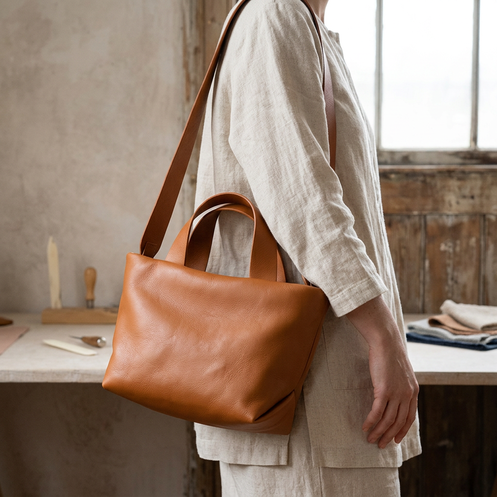 Sac Juanita en cuir orange terre cuite, porté à l’épaule avec sa bandoulière, Bmassy.