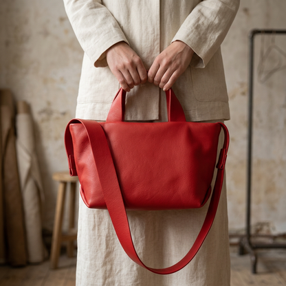 Sac Juanita en cuir rouge, tenu à la main par ses poignées, Bmassy.