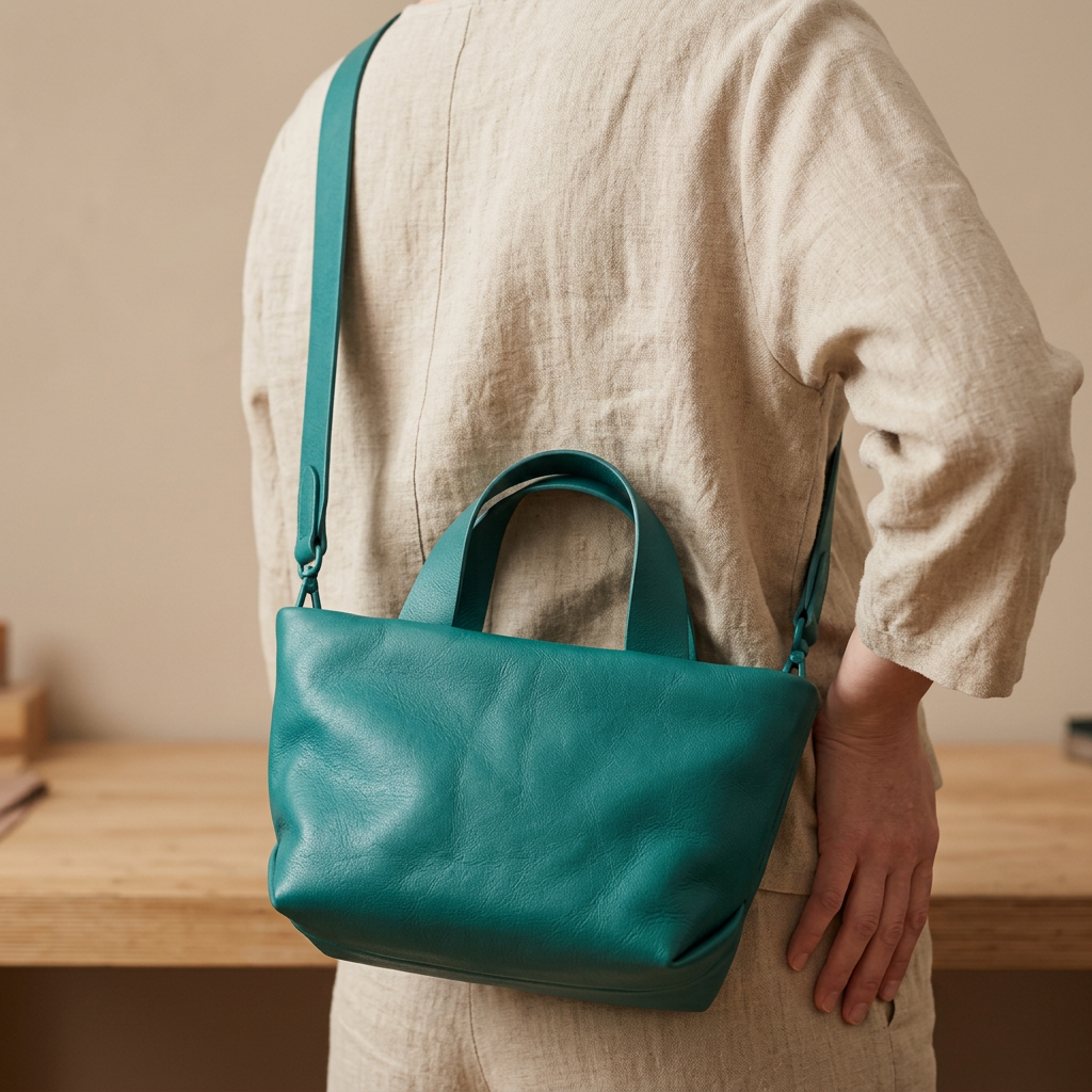 Sac Juanita en cuir turquoise, porté à l’épaule et vu de trois quarts arrière, Bmassy.