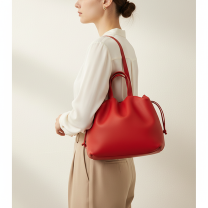 Sac ANGELA Rouge porté à l’épaule, cuir végétal artisanal – Bmassy