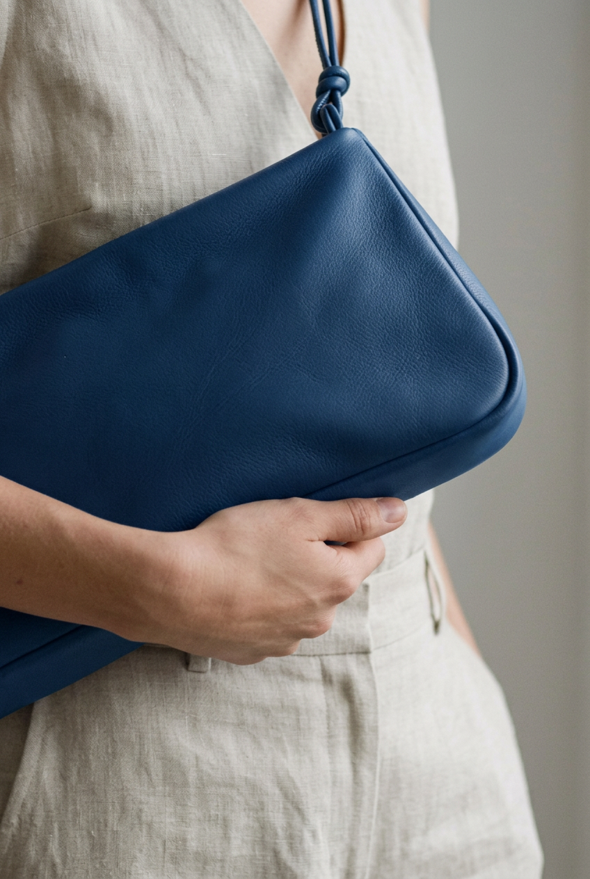 Gros plan du sac MariLoli en cuir bleu tenu contre soi