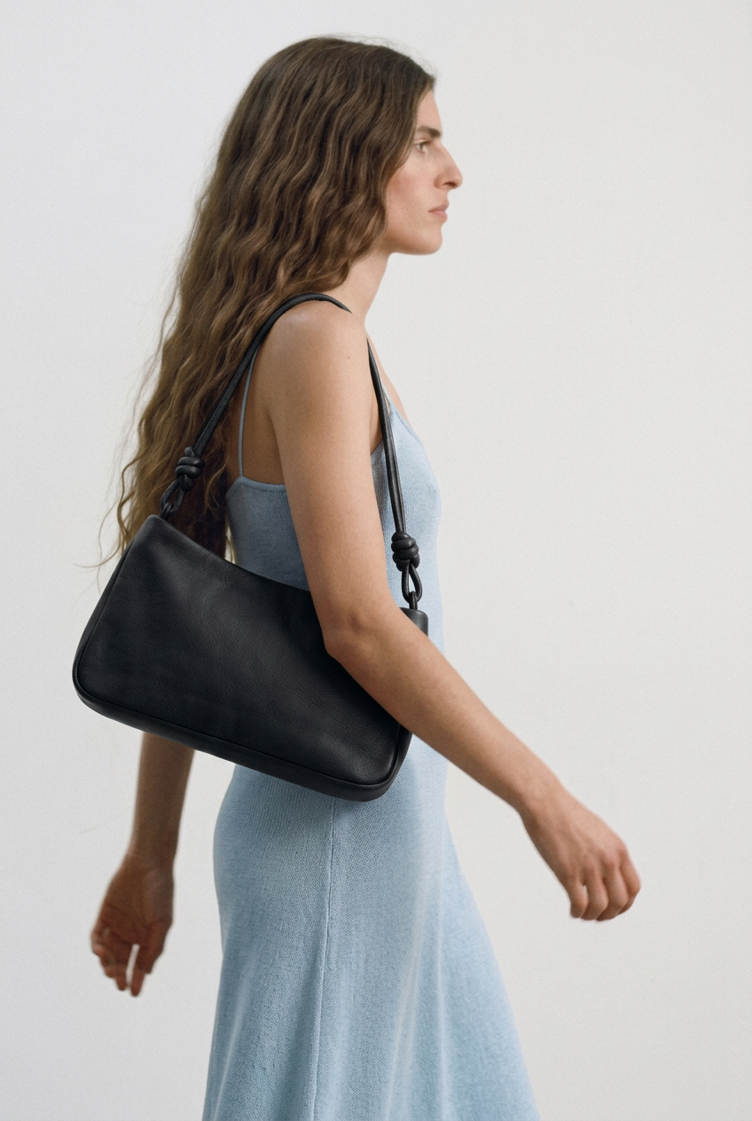 Sac MariLoli en cuir noir porté à l’épaule, vue de profil