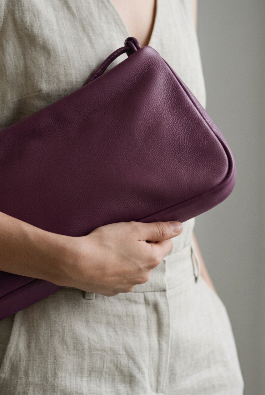Gros plan du sac MariLoli en cuir violet tenu contre soi à la main