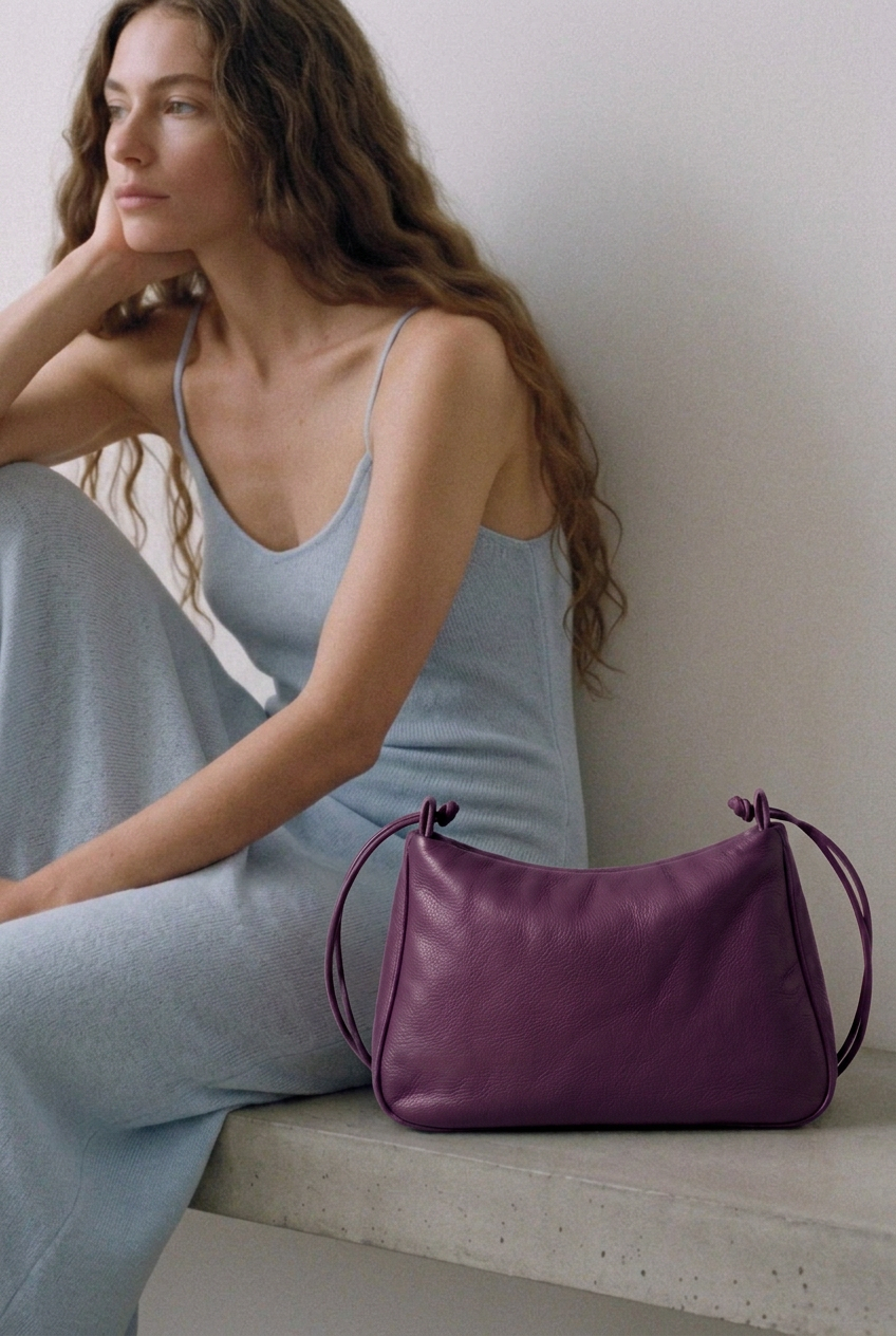 Sac MariLoli en cuir violet posé sur un banc à côté d’une femme assise