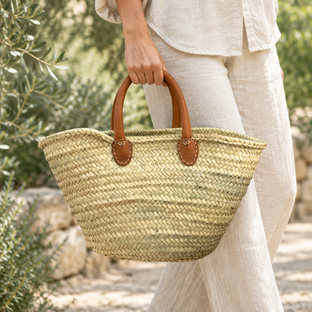 Cabas en raphia beige naturel à anses en cuir camel, porté à la main dans un jardin