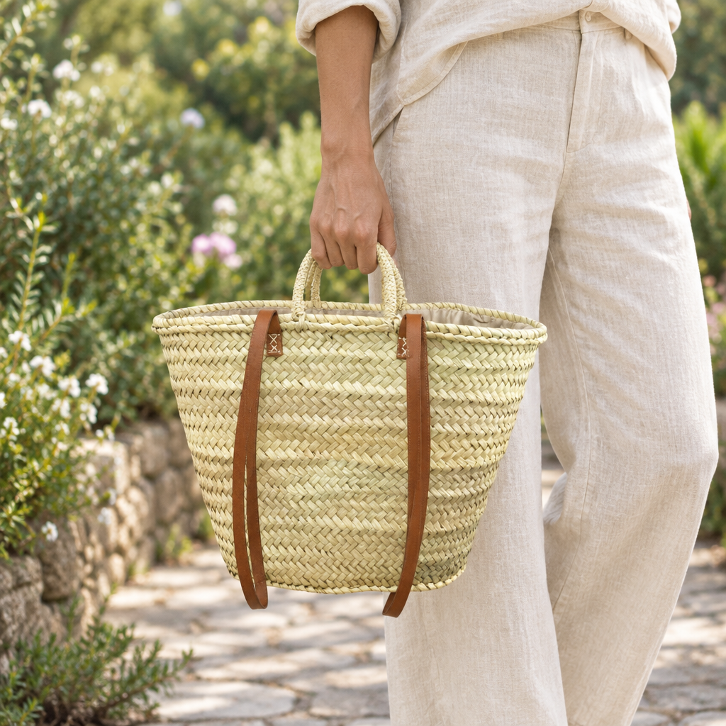 Panier capazo Bmassy en raphia naturel beige, porté à la main par ses anses tressées dans un jardin