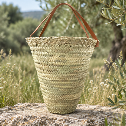 Panier capazo Bmassy en raphia beige à poignées brunes, posé dans la nature