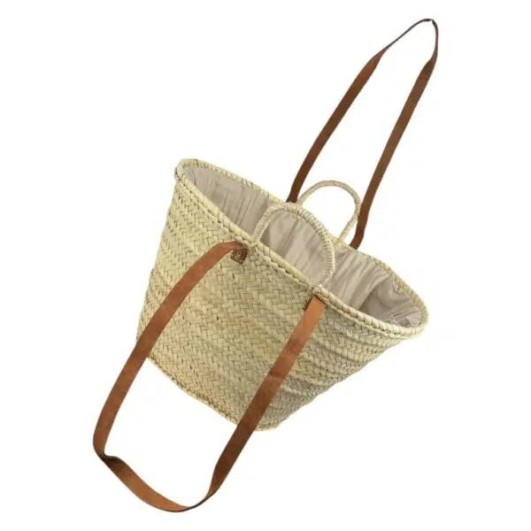 Panier capazo Bmassy en raphia beige, vu de dessus avec anses en cuir marron