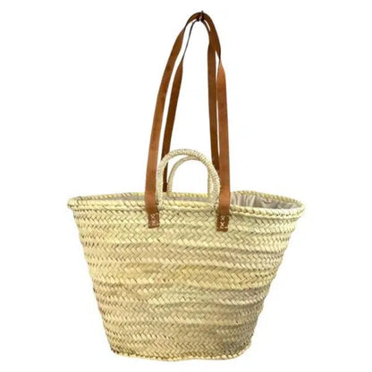 Panier capazo Bmassy en raphia beige, anses tressées et cuir marron, vu de face