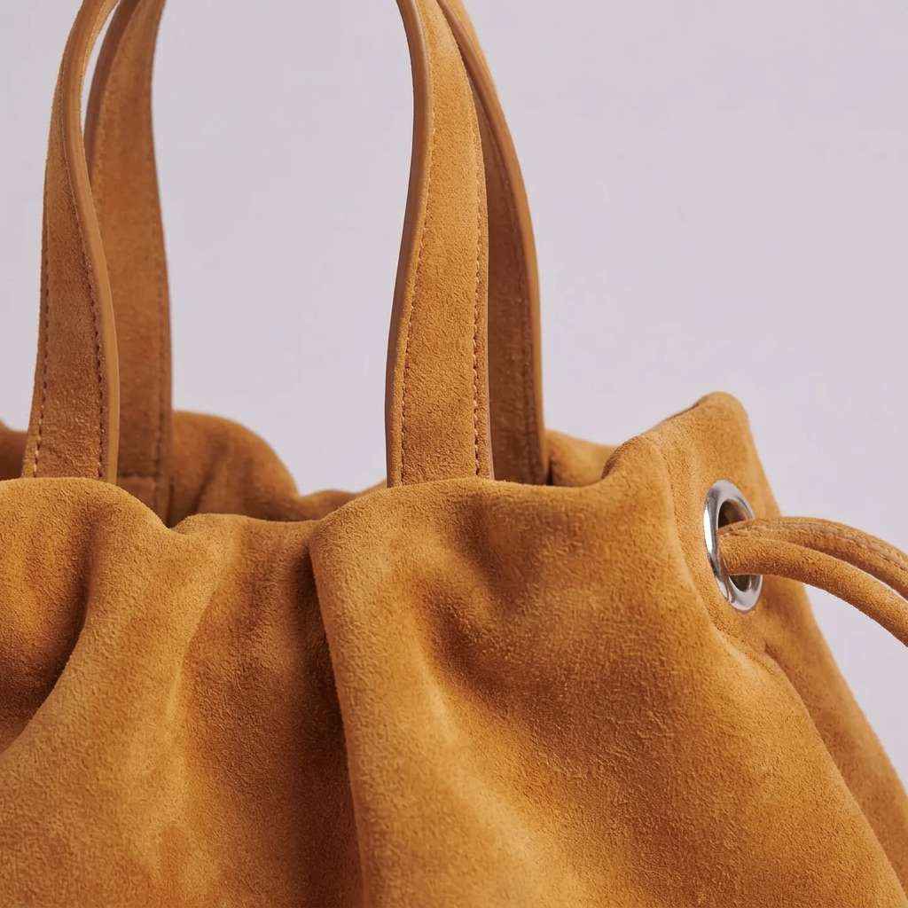 Petit sac à main Angelines en cuir à l’aspect suédé jaune moutarde en gros plan montrant la texture mate et veloutée, Bmassy.