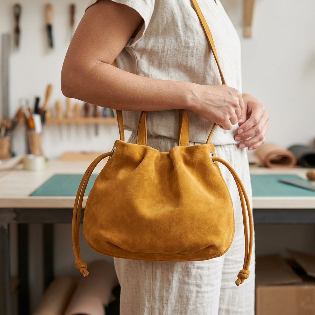 Petit sac à main Angelines en cuir à l’aspect suédé jaune moutarde porté à l’épaule avec sa sangle, Bmassy.
