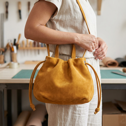 Petit sac à main Angelines en cuir à l’aspect suédé jaune moutarde porté à l’épaule avec sa sangle, Bmassy.