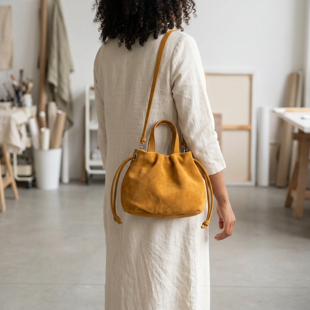 Petit sac à main Angelines en cuir à l’aspect suédé jaune moutarde porté à l’épaule sur une femme vue de dos, Bmassy.