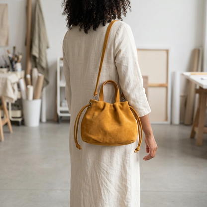 Petit sac à main Angelines en cuir à l’aspect suédé jaune moutarde porté à l’épaule sur une femme vue de dos, Bmassy.