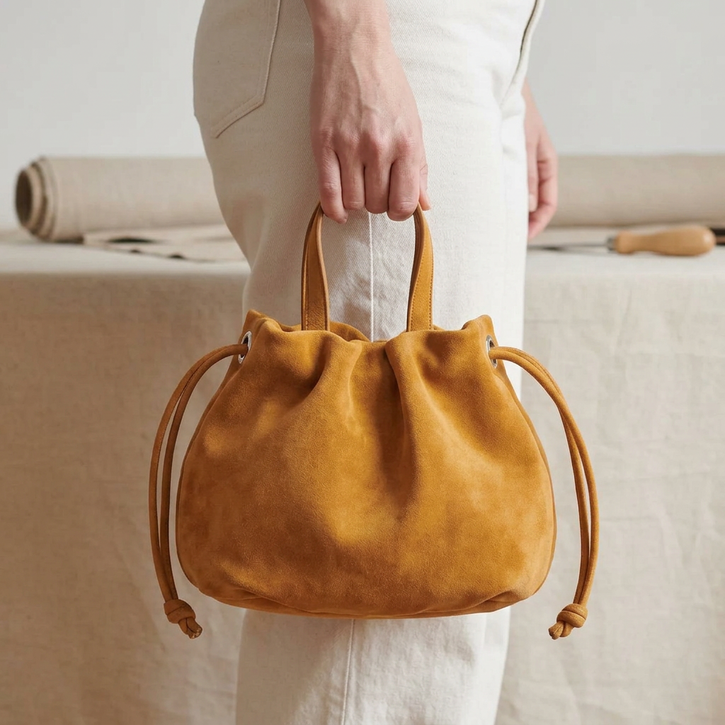 Petit sac à main Angelines en cuir à l’aspect suédé jaune moutarde tenu à la main par ses poignées, Bmassy.