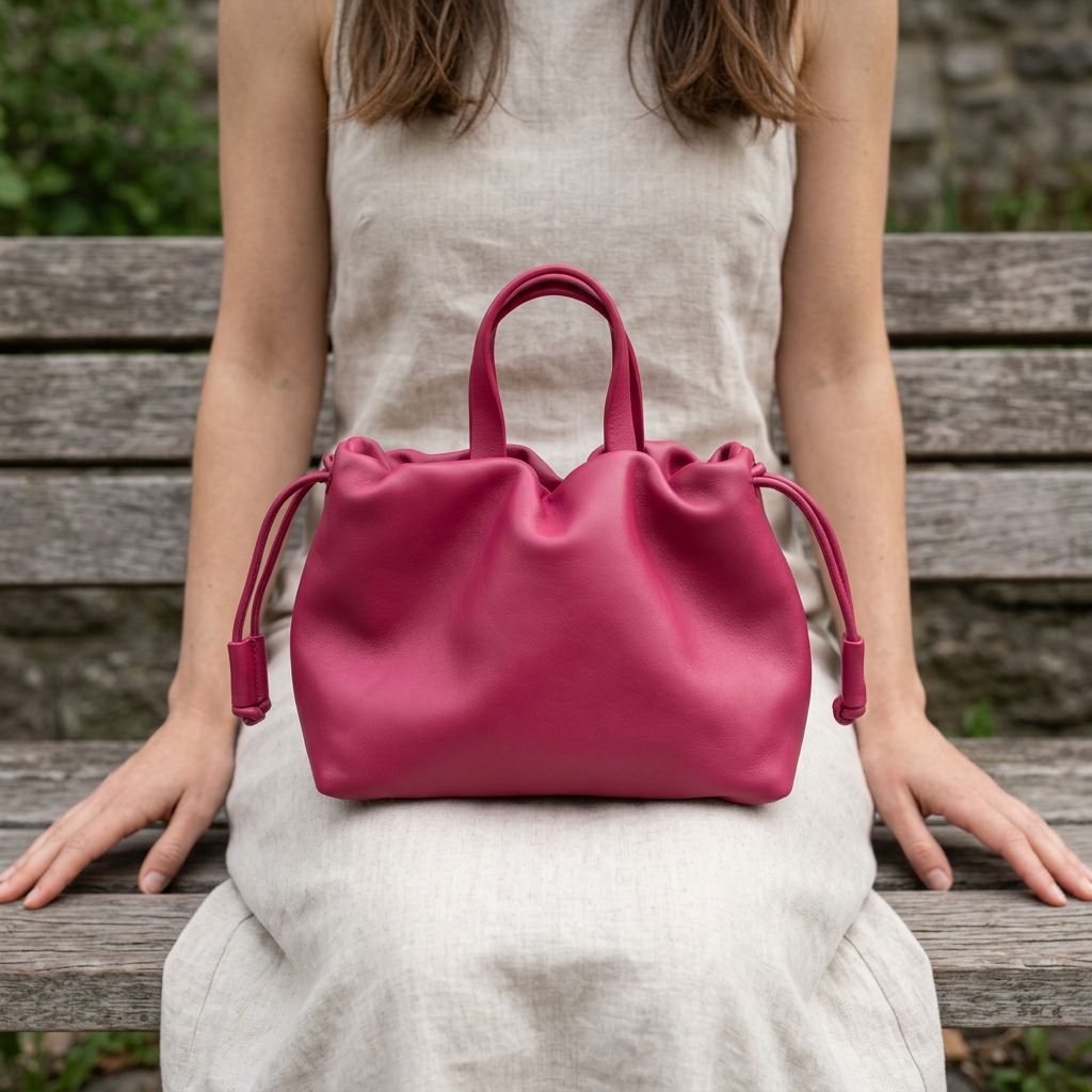 Petit sac à main Angelines en cuir rose framboise posé sur les genoux d’une femme assise sur un banc, Bmassy.