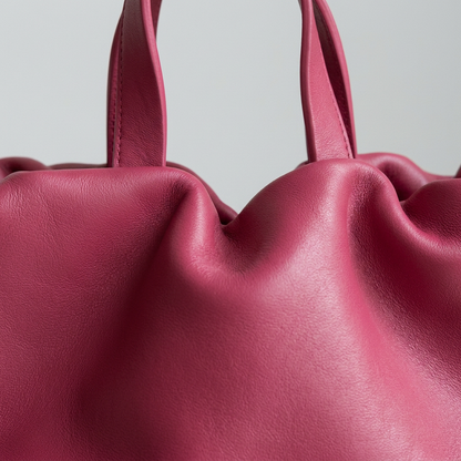 Petit sac à main Angelines en cuir rose framboise en gros plan montrant la texture et les plis du cuir, Bmassy.