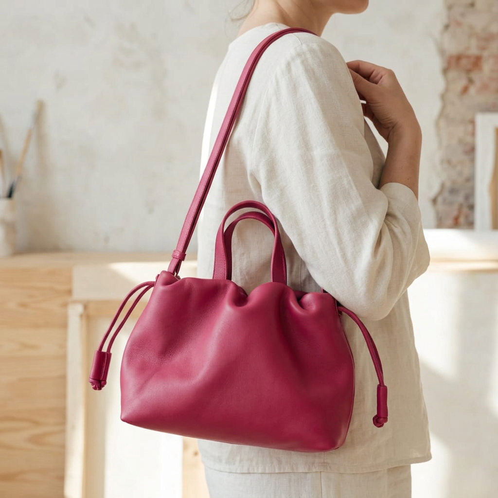 Petit sac à main Angelines en cuir rose framboise porté à l’épaule avec sa sangle, Bmassy.
