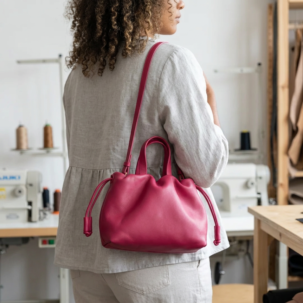 Petit sac à main Angelines en cuir rose framboise porté à l’épaule sur une femme vue de dos, Bmassy.
