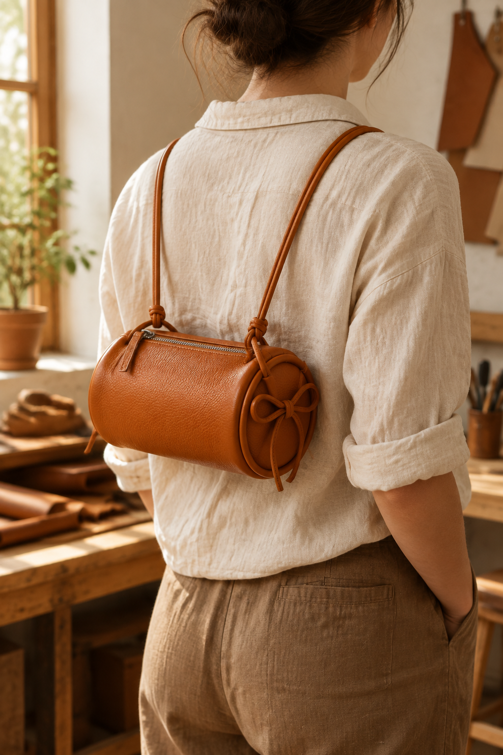 Sac Alma orange de forme cylindrique, porté sur le dos