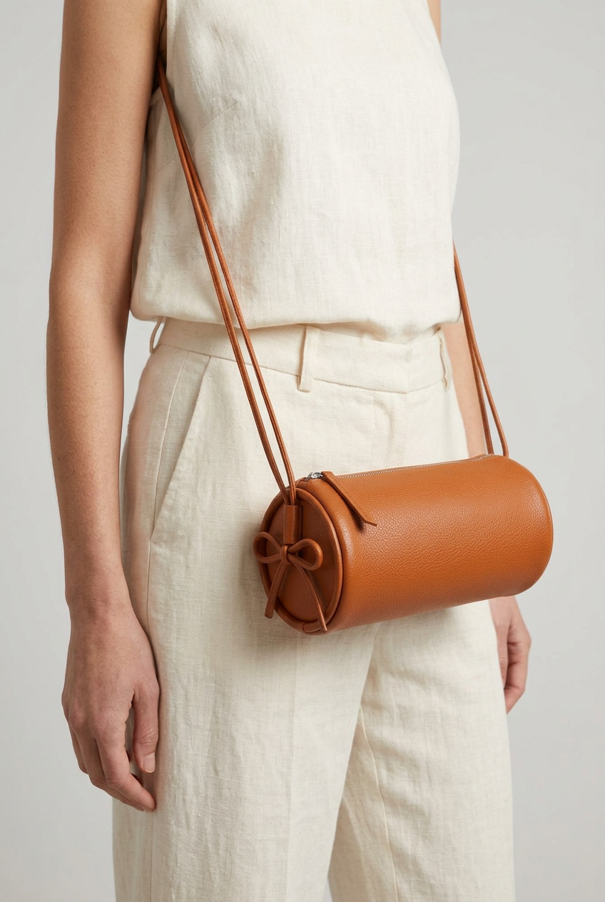 Sac Alma orange de forme cylindrique, porté devant à hauteur de hanche