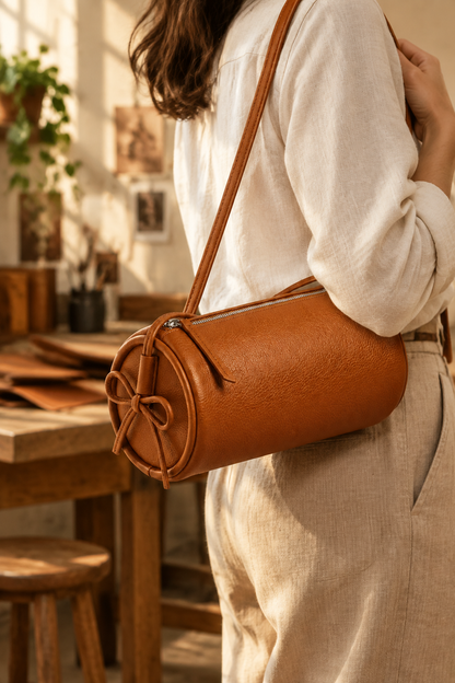 Sac Alma orange porté à l’épaule dans un atelier, avec son côté rond et son cordon noué visibles