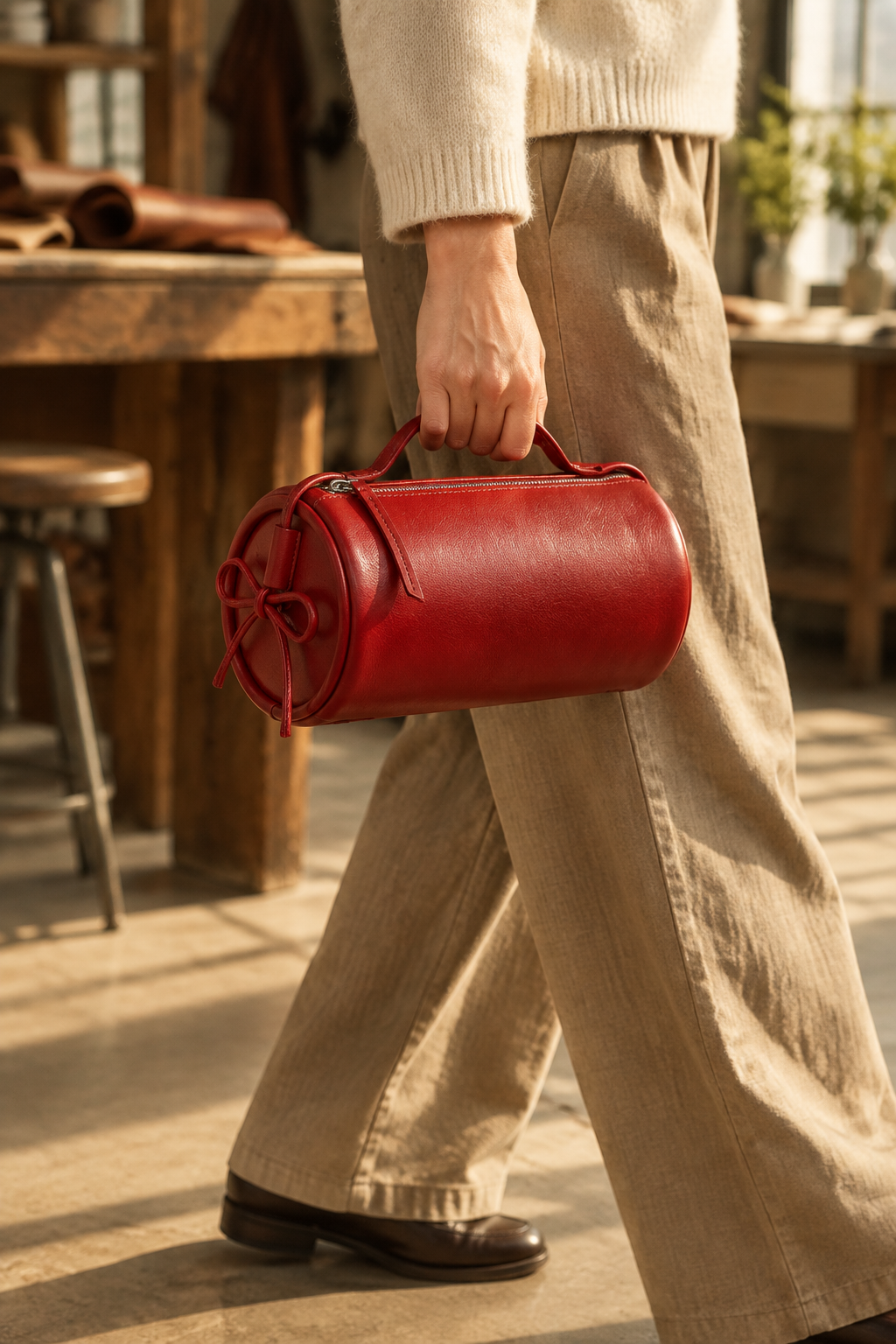Sac Alma en cuir rouge de forme cylindrique, porté à la main par une femme en tenue écrue.