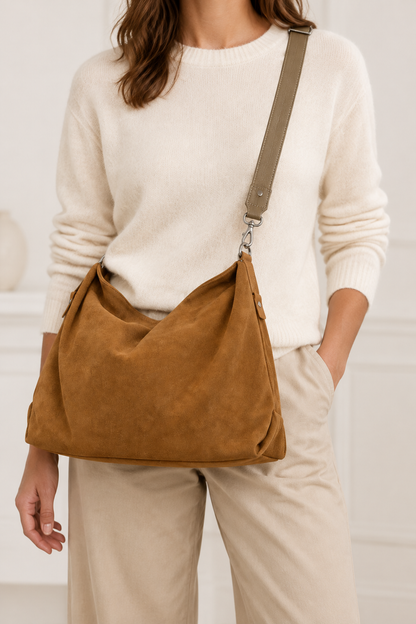 Sac Capucine en cuir velours couleur beige porté en bandoulière avec un pull écru et un pantalon beige