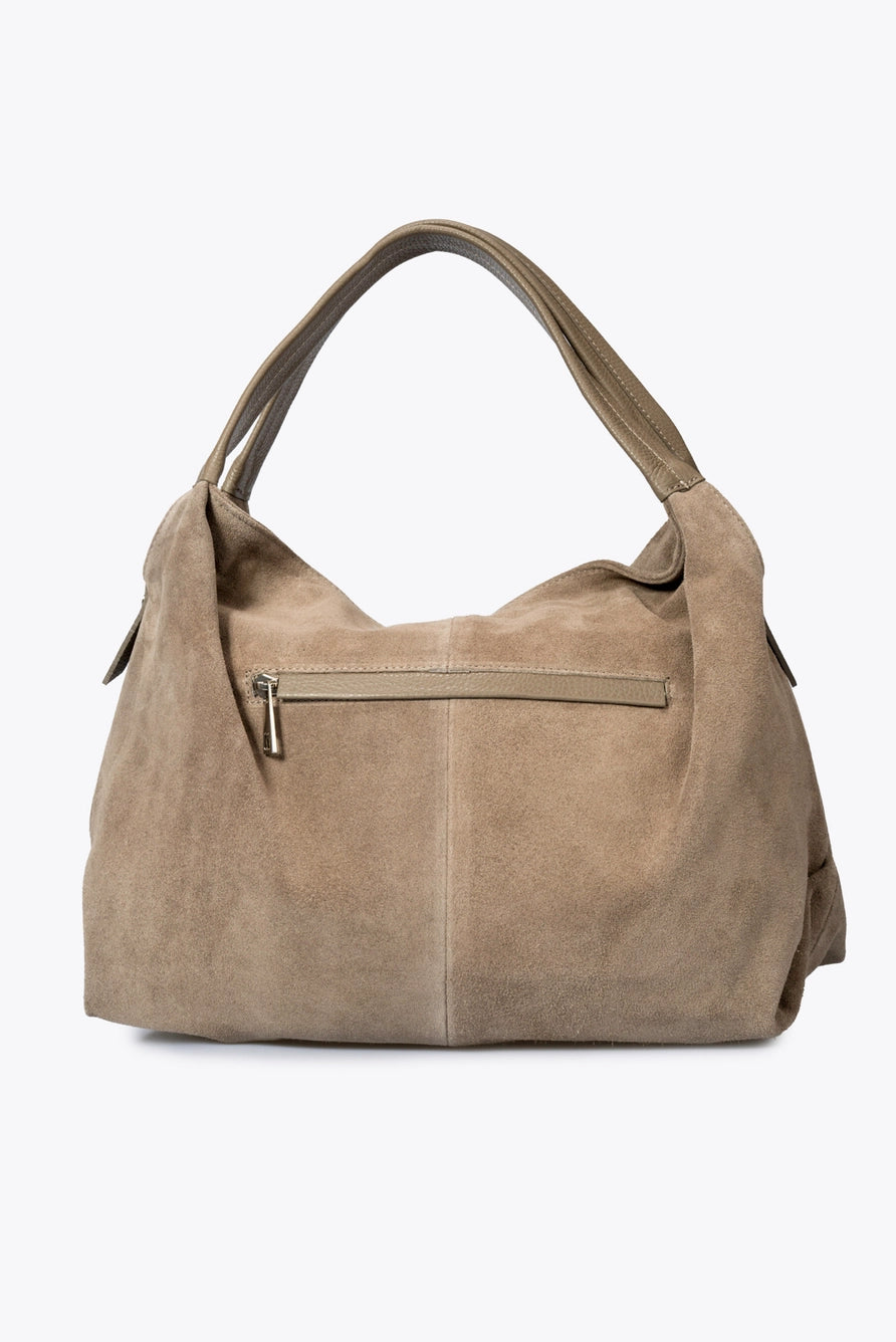 Dos du sac Capucine en cuir velours taupe, avec une poche extérieure zippée
