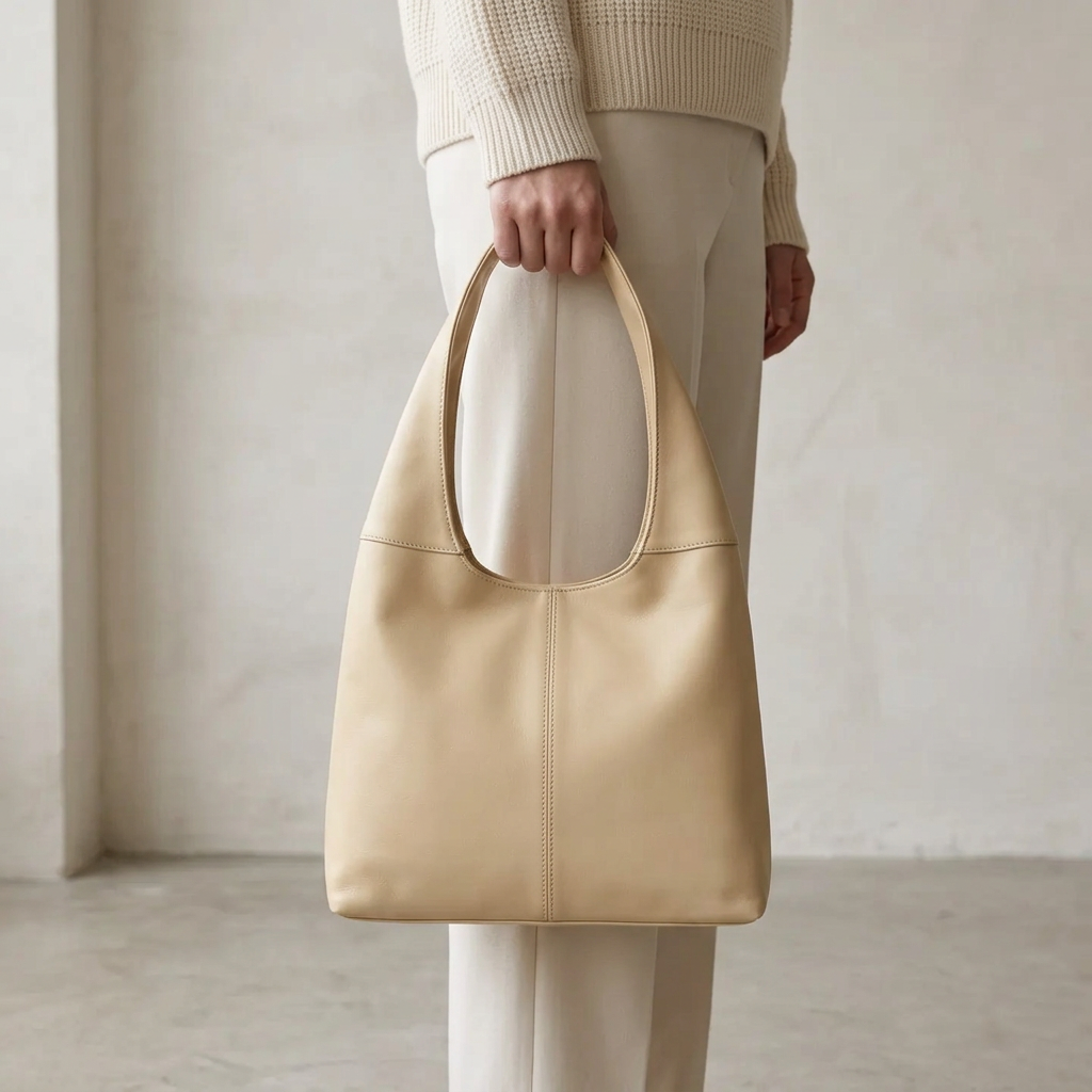 Sac à main beige tenu par sa large anse, le long de la jambe