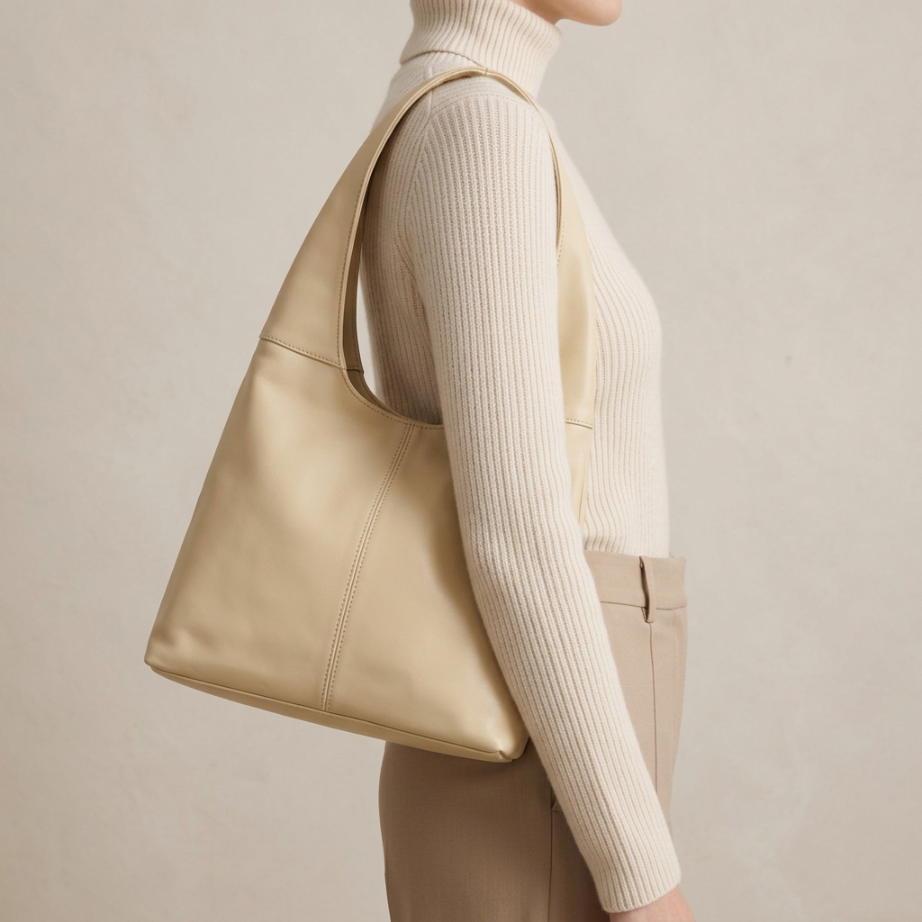 Sac à main beige à large anse porté à l’épaule par une femme vue de profil