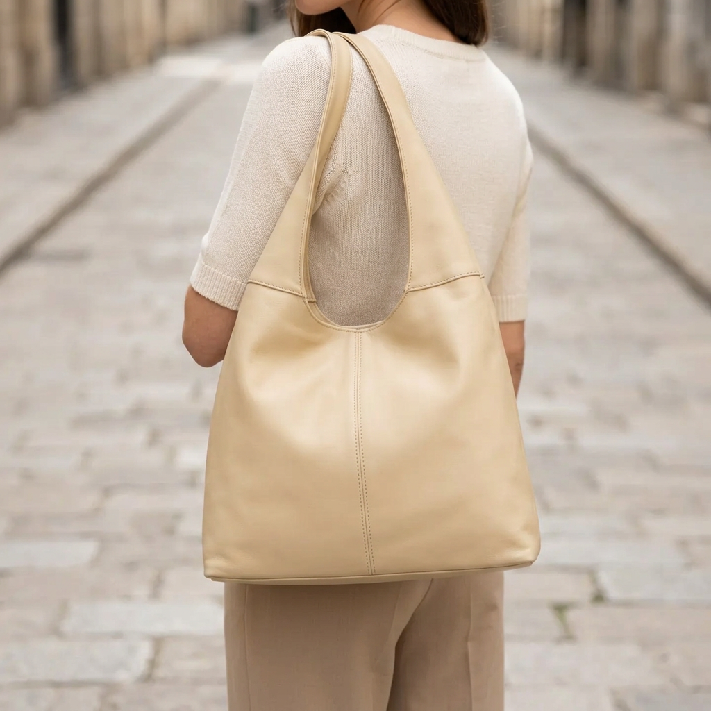 Sac à main beige porté à l’épaule par une femme vue de dos