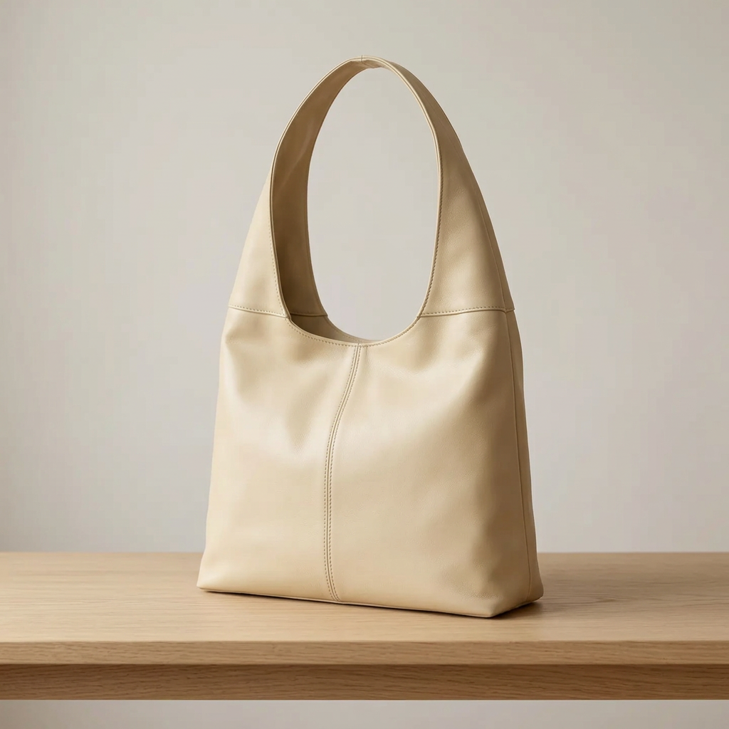 Sac à main beige à large anse posé sur un banc en bois clair, vu de trois quarts