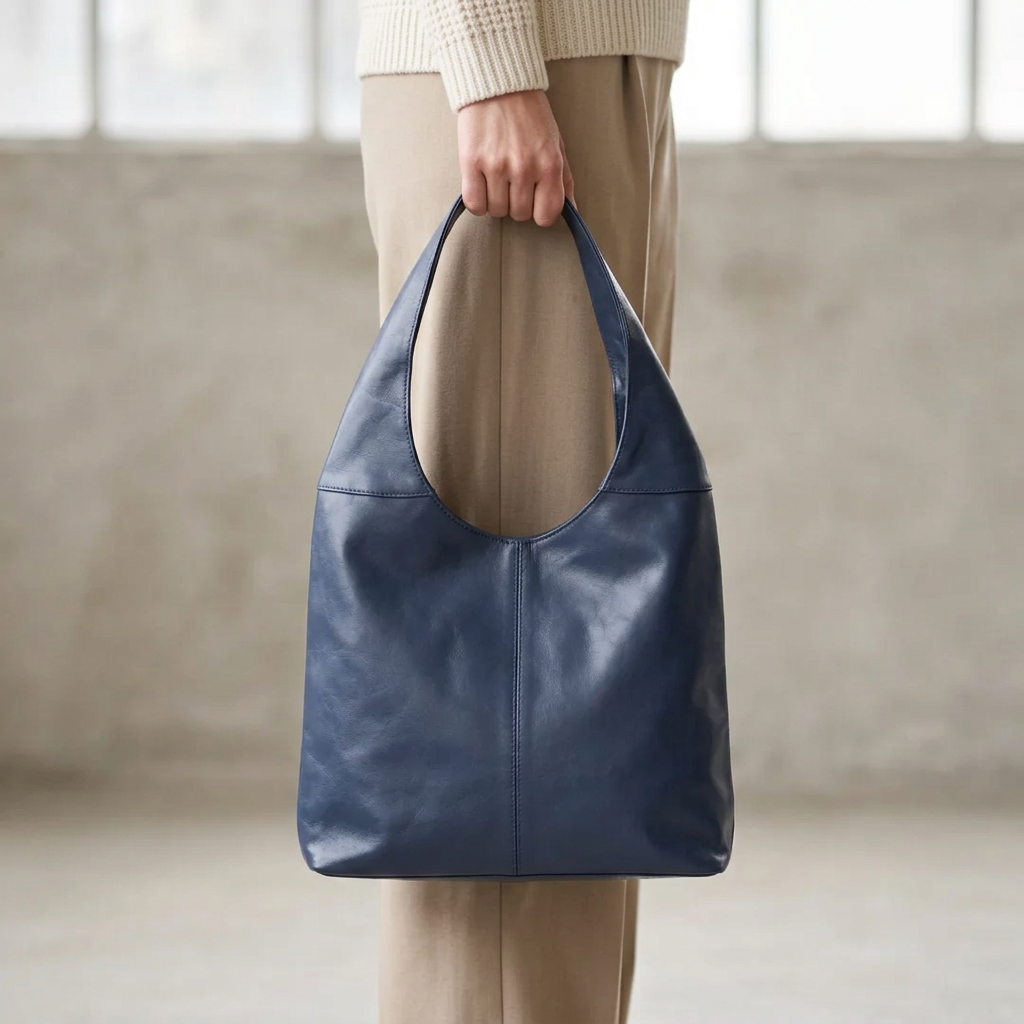 Sac à main bleu tenu par sa large anse, le long de la jambe