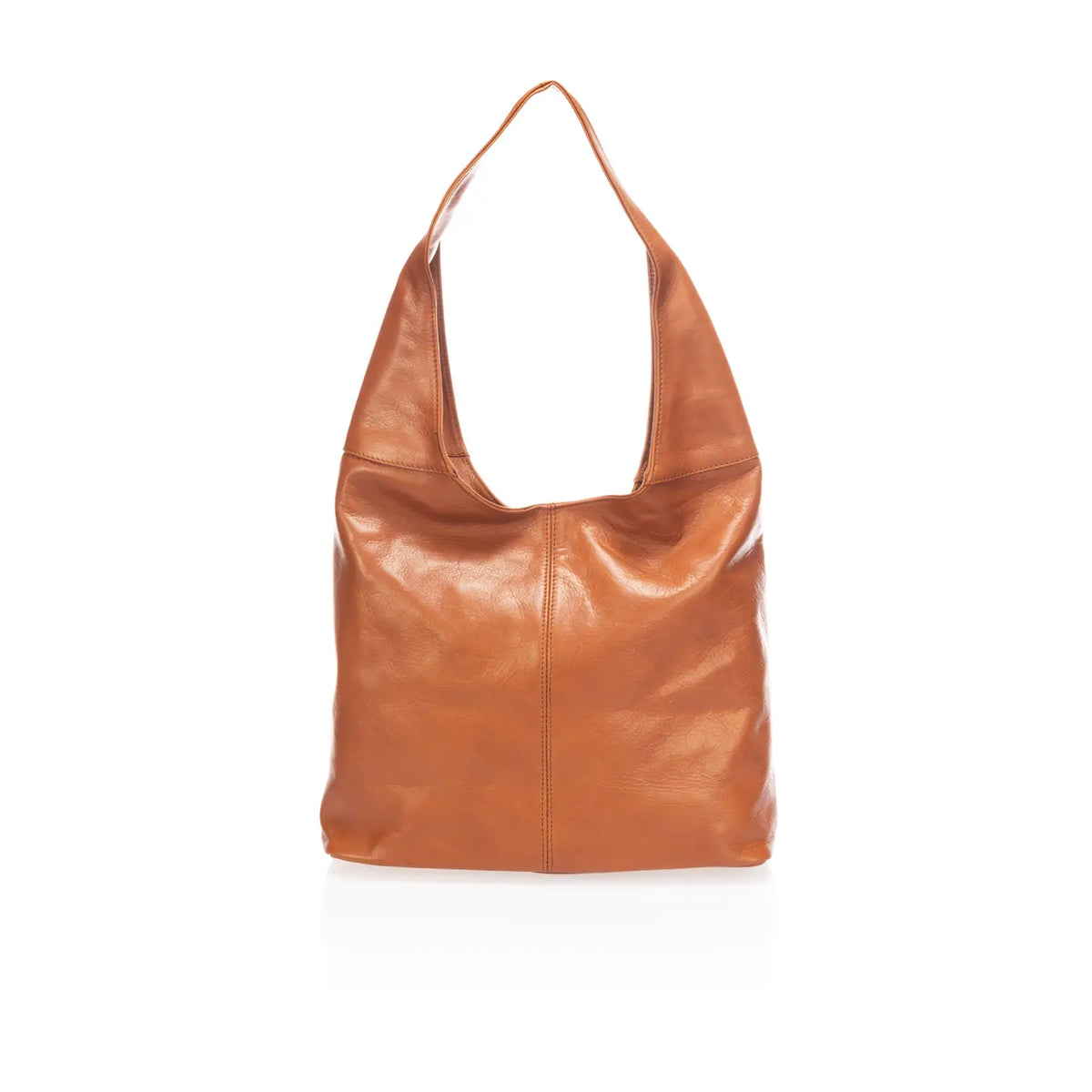 Sac à main camel à large anse et couture centrale, vu de face sur fond blanc